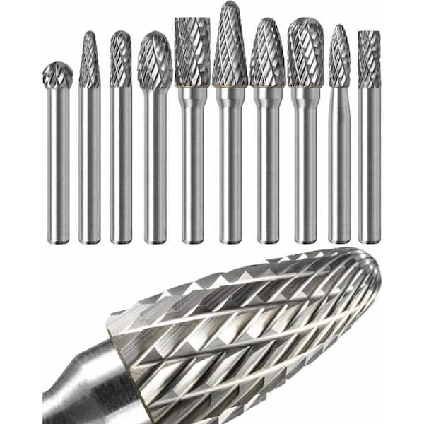 10-Pieces Tungsten Carbide Burr Set 1/4 in. Shank Double Cut Die Grinder Bits for Metal Wood Stone Steel Deburring