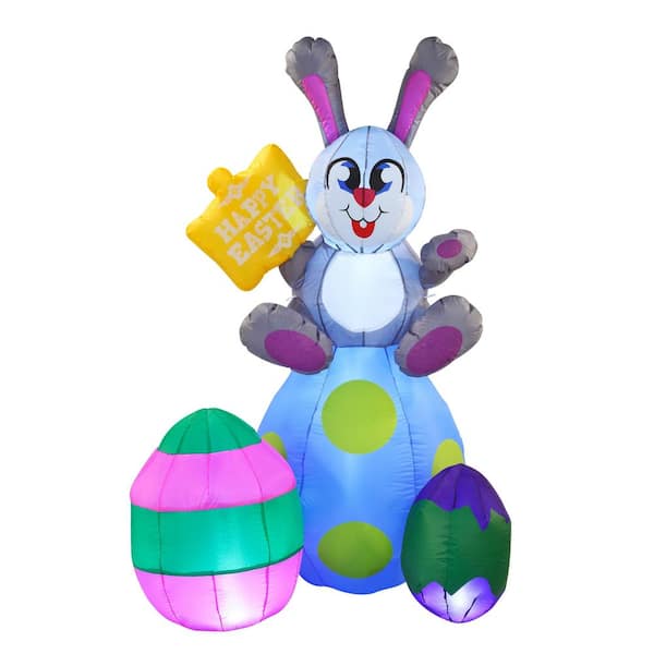 Joyfy 6 ft. Tall Multi-Colored Nylon Indoor Outdoor Easter Bunny on Eggs Inflatable with Built-In LED Lights, Lawn Decoration