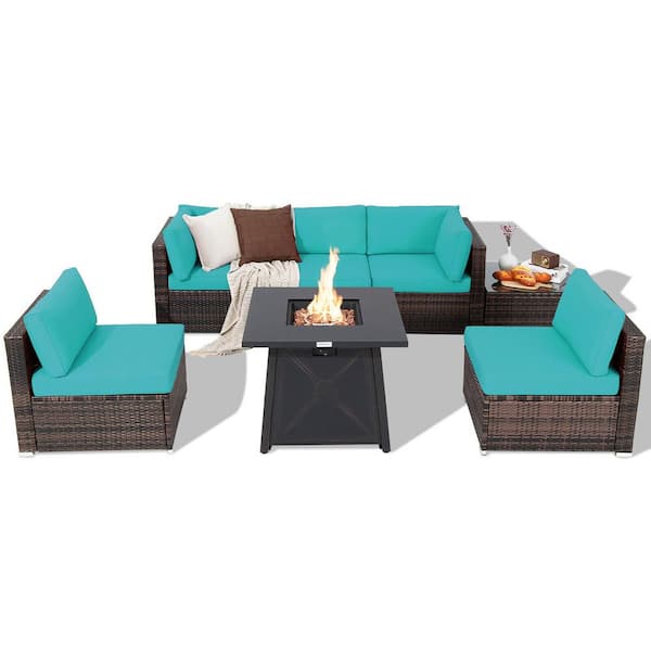 Gymax 7-Pieces Rattan Patio Sectional Furniture Set with 30 in. Fire Pit Table and Turquoise Cushion