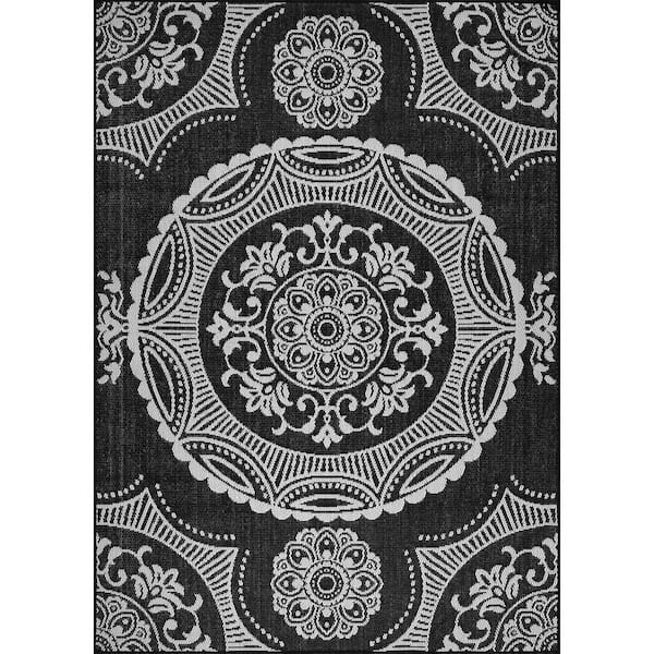 Waikiki Black/Grey 6 ft. x 9 ft. Medallion Indoor Outdoor Area Rug