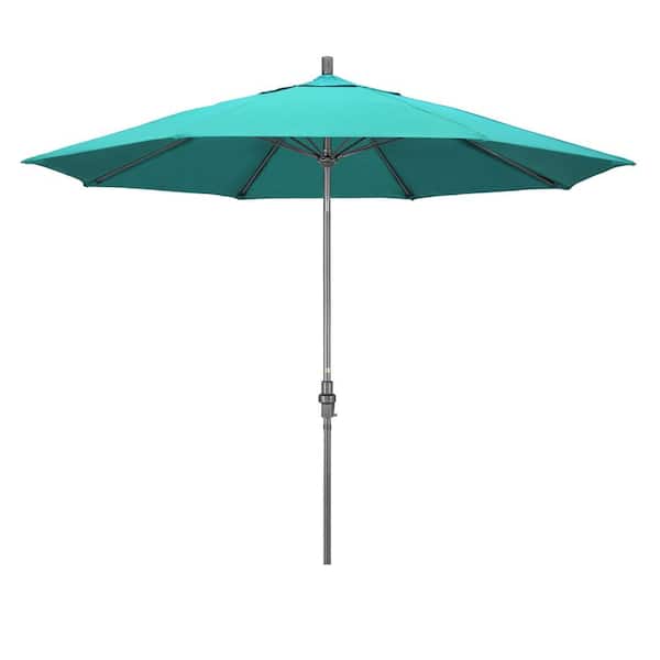 California Umbrella 11 ft. Grey Aluminum Market Patio Umbrella Fiberglass  Ribs Collar Tilt Crank Lift in Aruba Sunbrella 194061207512