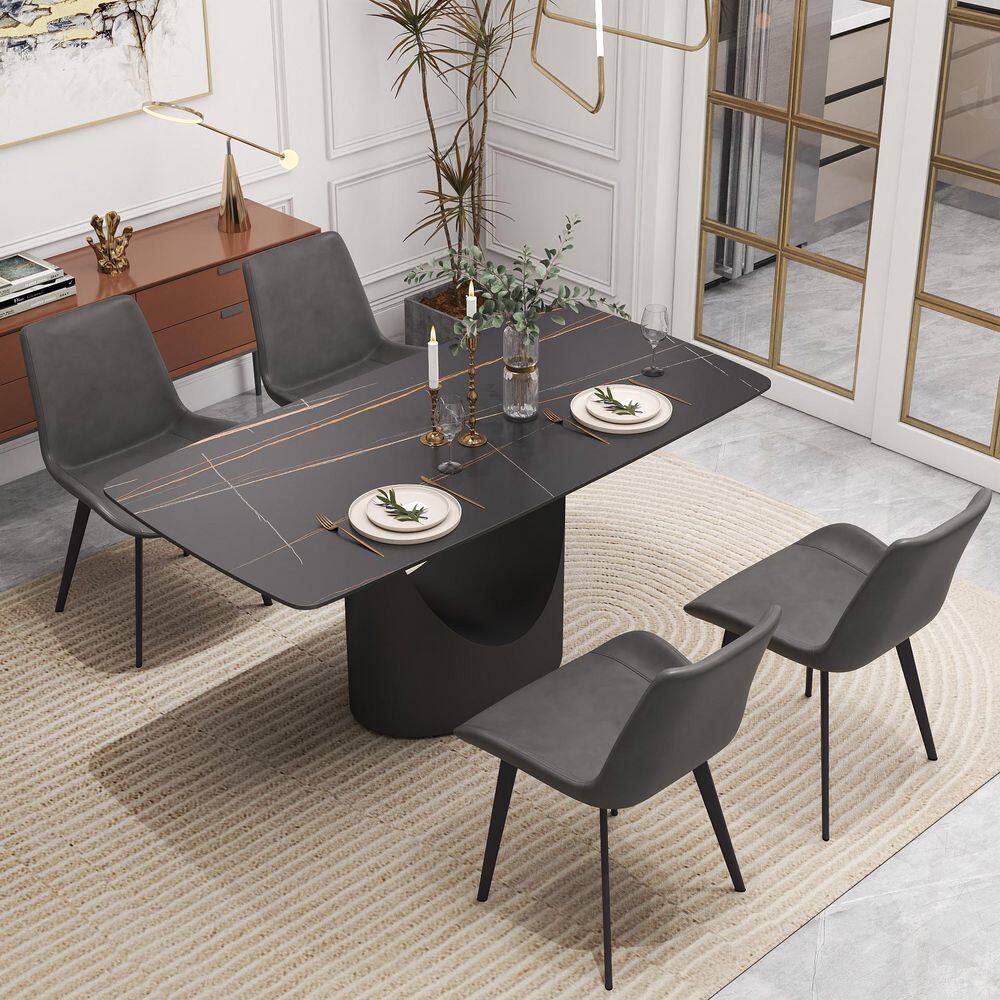 63 in. Black Round Edge Sintered Stone Tabletop with Pedestal Dining Table with Black Base (Seats 6)