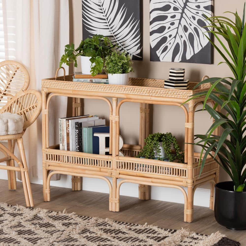 Lombok Natural Brown Rattan Bohemian Hallway Console Table with Storage