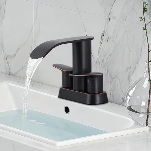 Waterfall 4 in. Centerset Double-Handle Bathroom Sink Faucet, Modern Faucet with Pop Up Drain in Oil Rubbed Bronze