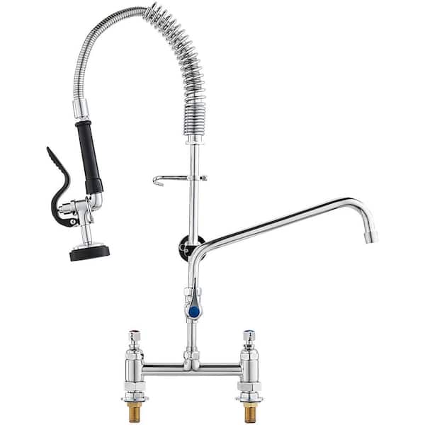 VEVOR Commercial Faucet Double Handle Pull Down Sprayer Kitchen Faucet Deck Mount Kitchen Sink Faucet, Silver