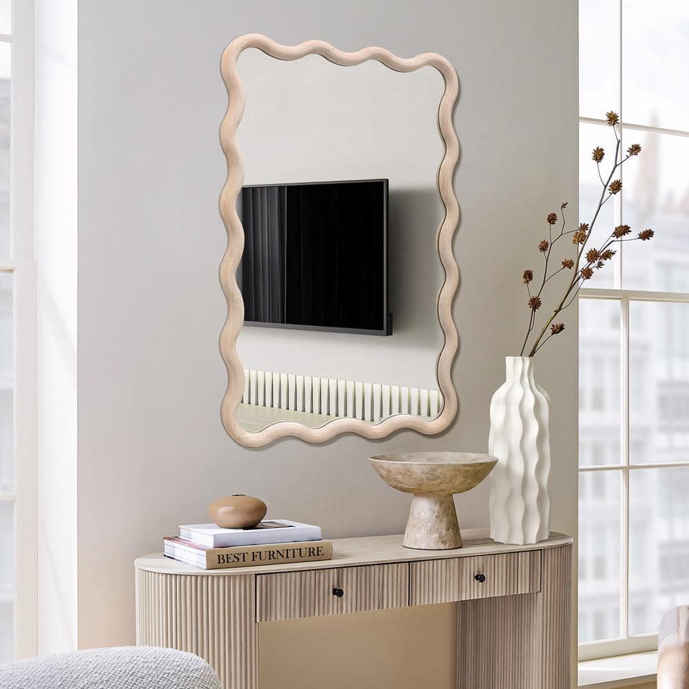 39.25-Inch Tall Rectangular Natural Pine Wood Wavy Frame Wall Mirror