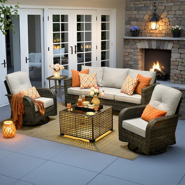 Elvira Gray 5-Piece Wicker Patio Conversation Seating Sofa Set with Light Gray Cushions and Swivel Rocking Chairs