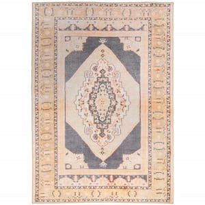Grey and Gold  4 ft. x 6 ft. Oriental Power Loom Stain Resistant Area Rug