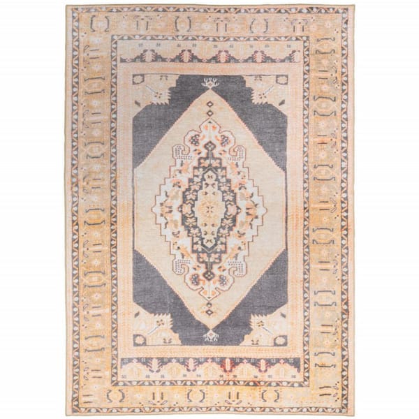 HomeRoots Grey and Gold  4 ft. x 6 ft. Oriental Power Loom Stain Resistant Area Rug