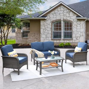 Hyacinth Gray 4-Piece Wicker Patio Outdoor Conversation Seating Set with a Coffee Table and Denim Blue Cushions