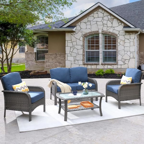 weaxty W Hyacinth Gray 4-Piece Wicker Patio Outdoor Conversation ...