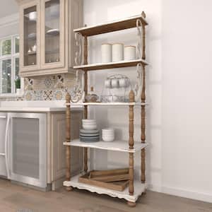 5 Shelf Wood Stationary White Distressed Open Shelving Unit with Brown Spindle Sides and Ball Feet