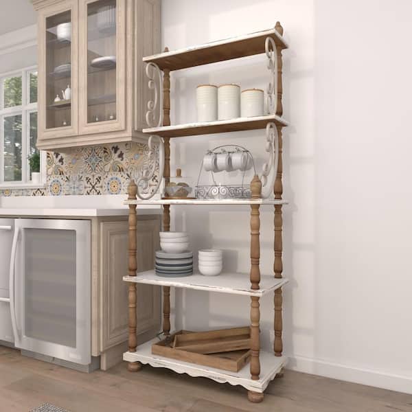 Litton Lane 5 Shelf Wood Stationary White Distressed Open Shelving Unit with Brown Spindle Sides and Ball Feet