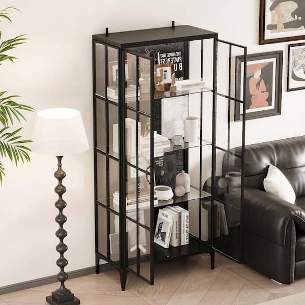 Black 70.9 in. H Wood and Metal Accent Cabinet, Sideboard, Bookcase with 4 Shelves and Glass Door
