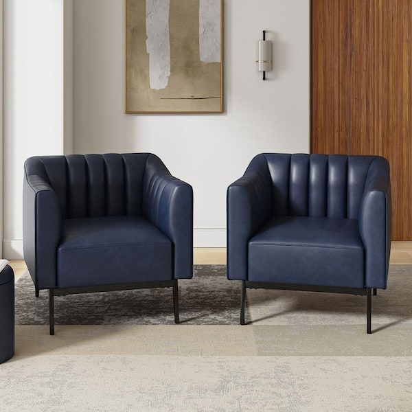 JAYDEN CREATION Curtis Navy Industrial Leather 30 in. Wide Chair with Channel Tufting and Metal Leg (Set of 2)