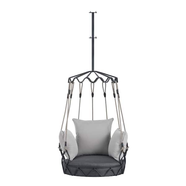 Unbranded Metal Outdoor Porch Swing Chair Hanging Basket, Hanging Chair with UV Resistant Gray Cushion for Patio, Porch, Balcony