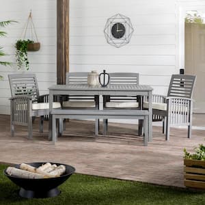 Grey Wash 6-Piece Simple Wood Outdoor Dining Set with Cream Cushions