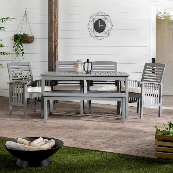 Walker Edison Furniture Company Grey Wash 6-Piece Simple Wood Outdoor Dining Set with Cream Cushions