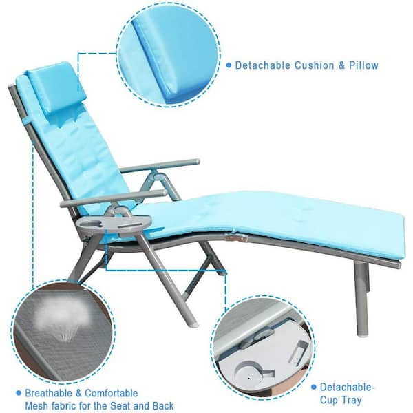 Tatayosi Portable Aluminum Outdoor Lounge Chair with Blue Cushions