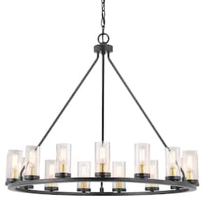 Hartwell 32-5/8 in. 15-Light Bronze Farmhouse Wagon Wheel Chandelier with Brass Accents & Clear Seeded Glass