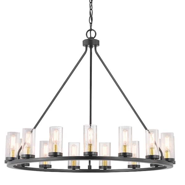 Progress Lighting Hartwell 32-5/8 in. 15-Light Bronze Farmhouse Wagon Wheel Chandelier with Brass Accents & Clear Seeded Glass