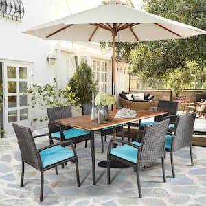 7-Piece Wicker Rectangular Outdoor Dining Set with Turquoise Cushions