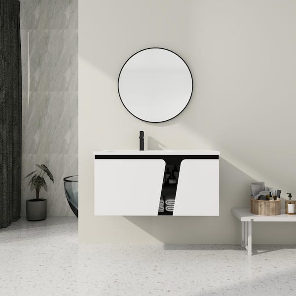 Unbranded 40 in. W x 20 in. D x 20 in. H Wall Mounted Bath Vanity in White and Black with White Ceramic Top