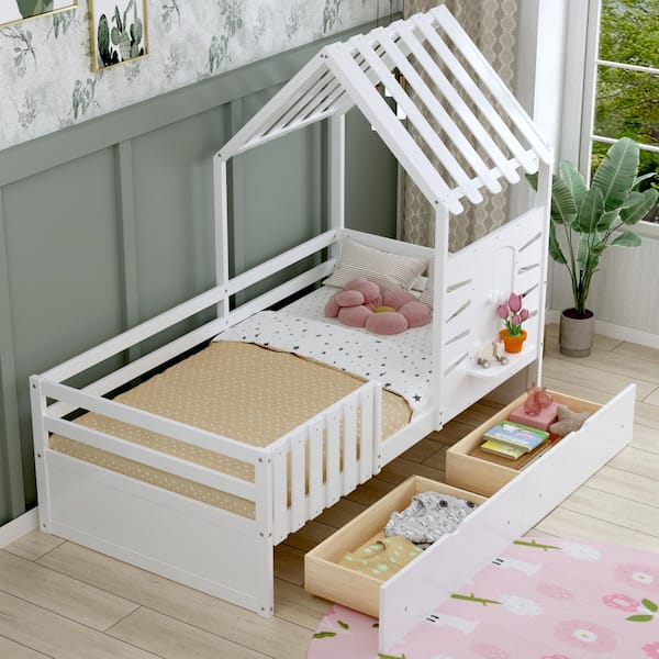Harper & Bright Designs White Twin Size House Bed Kids Playhouse Bed with 2-Drawers, Guardrails, Roof, Window