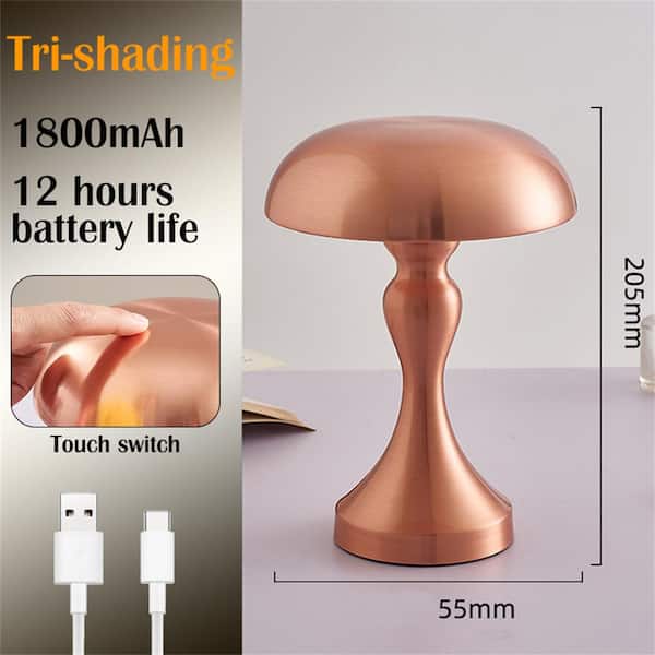 Etokfoks 8 in. Rose Gold Curved Mushroom-shaped Rechargeable Touch Dimming LED Table Lamps