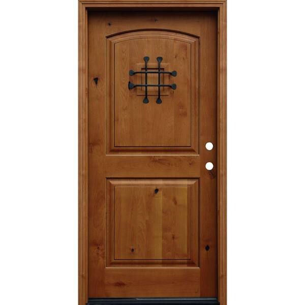 Pacific Entries 36 in. x 80 in. Rustic Arched 2-Panel Stained Knotty Alder Wood Prehung Front Door