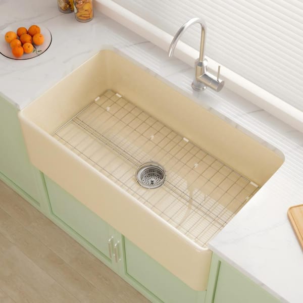 Farmhouse Series 33 in. Apron Front Kitchen Sink Single Bowl in Bone Fireclay Sink with Bottom Grids and Drain Barn Sink