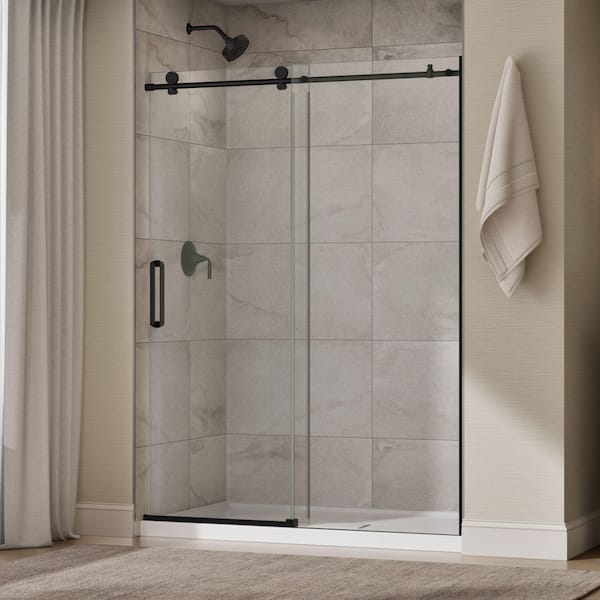 Cursiva 56-60 in. W x 78 in. H Sliding Frameless Shower Door in Matte Black with 5/15 in. Thick Clear Tempered Glass