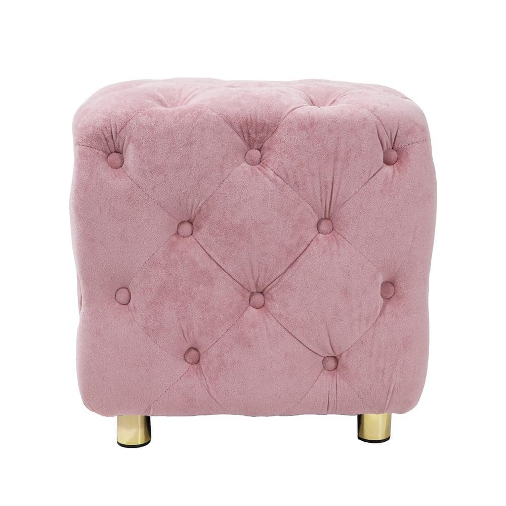 Pink Velvet Tufted Button Round Ottoman Stool