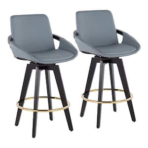 Cosmo 37 in. Grey Faux Leather and Black Wood-Counter Height Bar Stool with Round Gold Footrest (Set of 2)