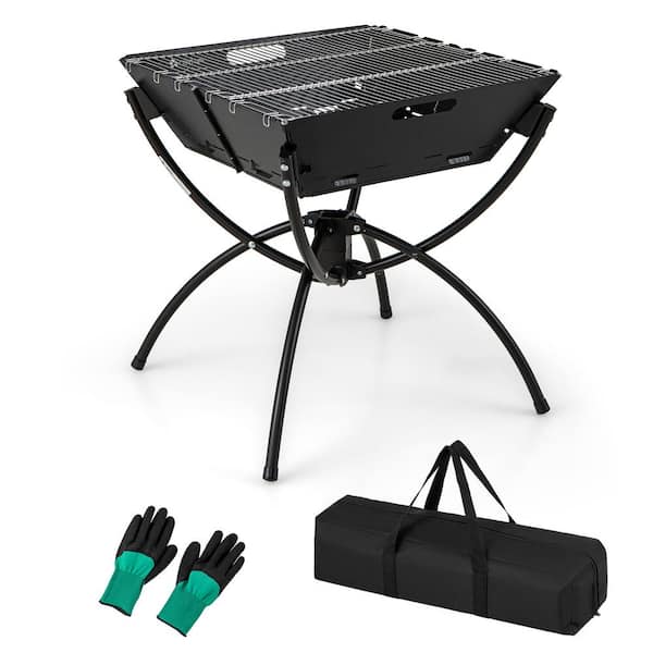 Costway 3-in-1 Portable Charcoal Grill in Brown Folding CAmping Fire Pit with Carrying Bag and Gloves