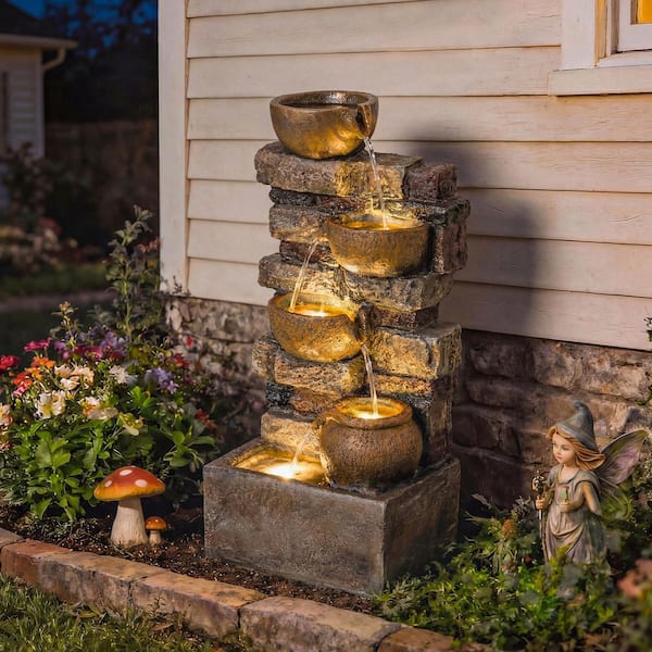 Outsunny 28 in. Electric Resin Cascade Fountain with LED Lights
