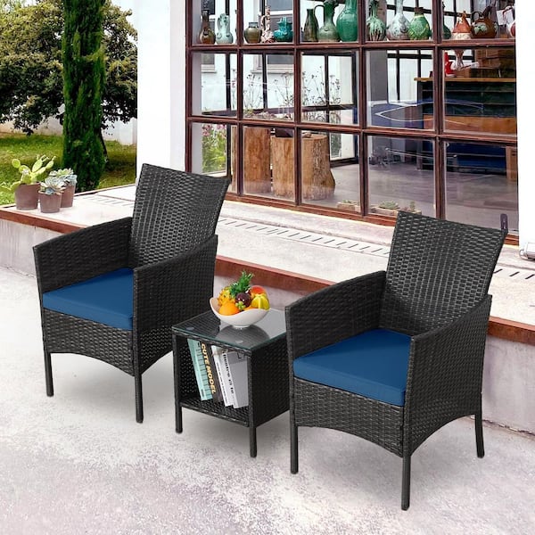 Dark Coffee 3-Piece Wicker Outdoor Dining Set with Peacock Blue Cushion and 1-Coffee Table