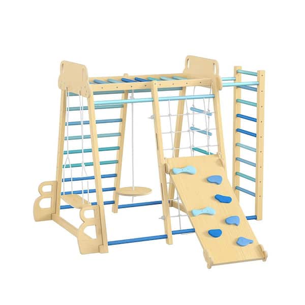 Wooden Indoor/Outdoor Swing Set with Slide, Monkey Bars, Climbing Net, Upright Ladder, Rope Ladder, and Round Swing
