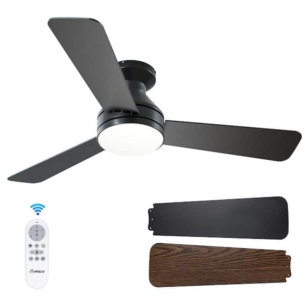 42 in. Indoor Black Flush Mount Low Profile Ceiling Fan with Integrated LED Light and Remote Control