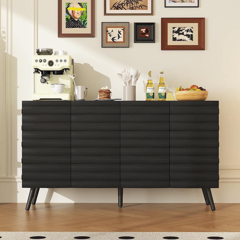 スクイッドワード サイドテーブル FUFU&GAGA Black Wood Buffet Sideboard with 4-Shelf, Slatted Doors