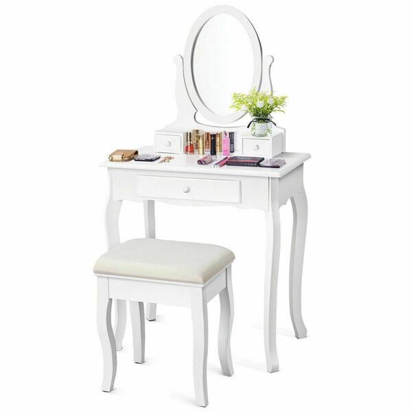 Costway 2-Piece White Jewelry Makeup Desk Vanity Table with Cushioned Stool 3-Drawers Dressing Table Set