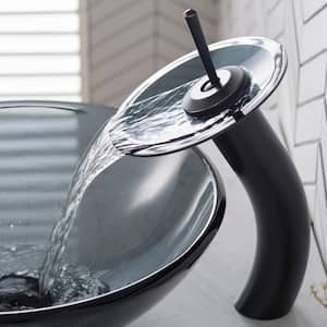 Single-Handle Single-Hole Low-Arc Vessel Glass Waterfall Vessel Sink Faucet in Oil Rubbed Bronze with Glass Disk in Gray