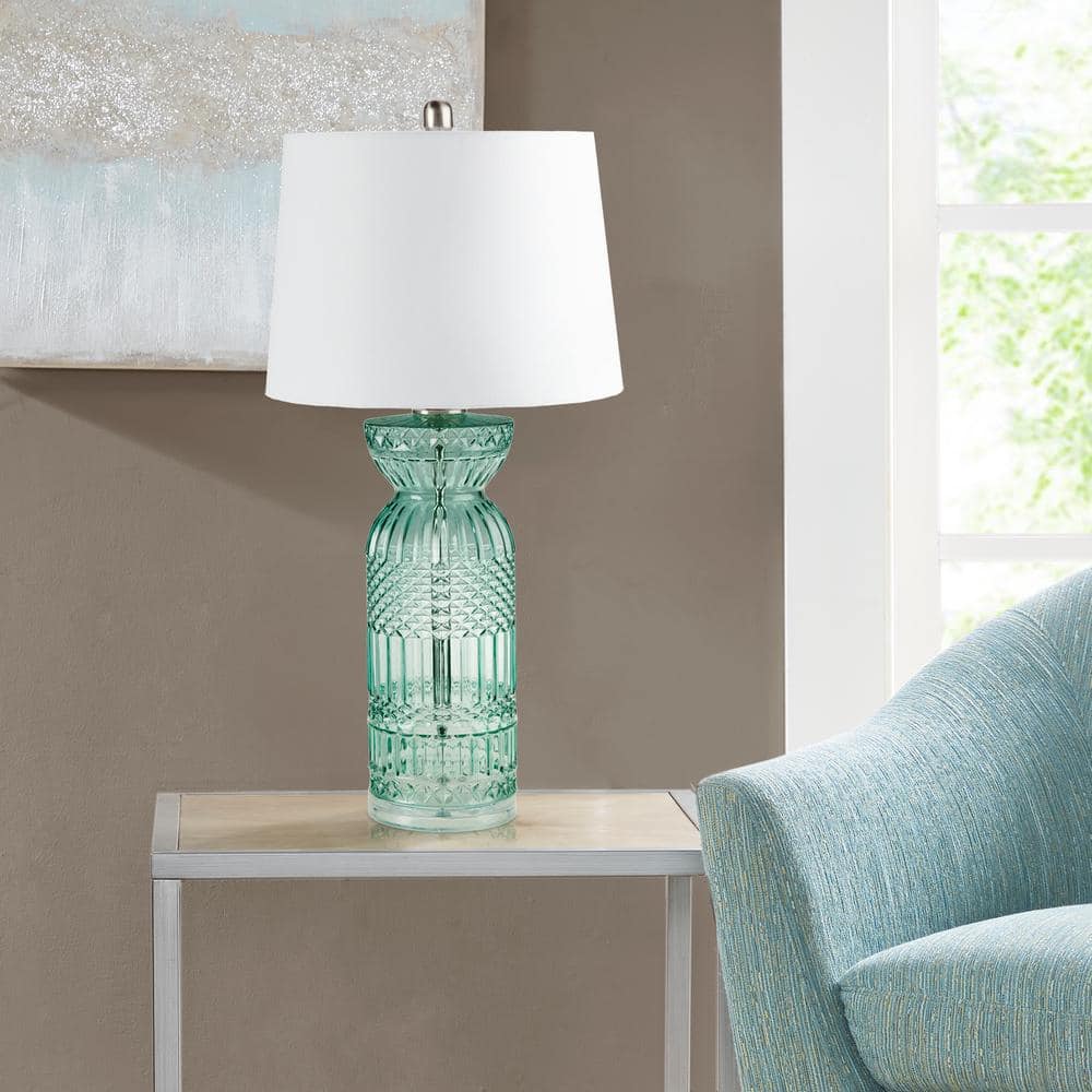 Aqua Blue Textured Glass Table Lamp with White Shade