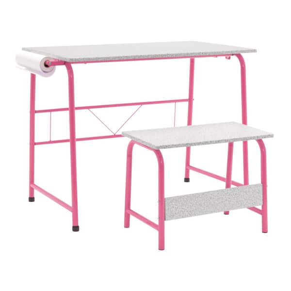 Studio Designs 2-Piece Project Center 37.75 in. Wide Pink / Gray Student Desk and Bench with Craft Paper Roll for Painting or Sketching