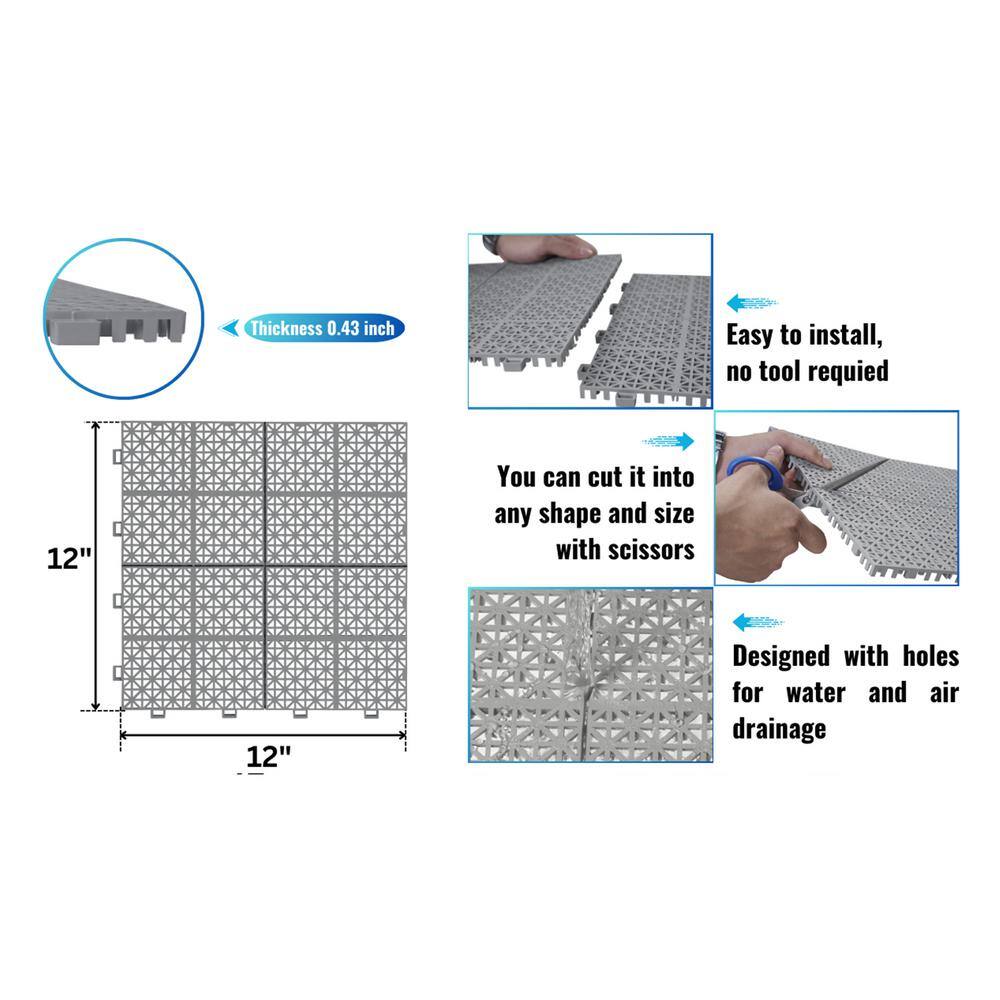 Gray 12" x 12" Plastic Interlocking Deck Tiles with Water Protection