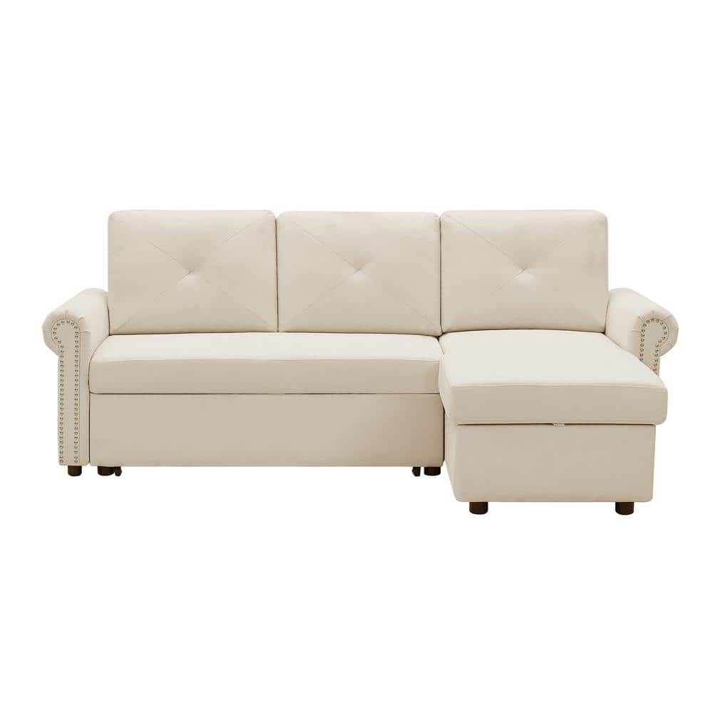 83.46 in. Rolled Arm Linen Modern L Shaped with Nail Head Design and Storag