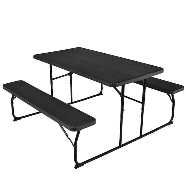 Gymax 54 in. Black Rectangle Folding Picnic Table and Bench Set for Camping BBQ w/Steel Frame