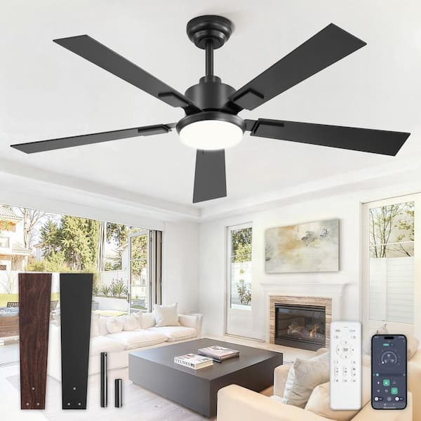 52 in. Indoor Matte Black Dimmable 6-Speed Quiet Down Rod Mount Standard Ceiling Fan with Lights and Remote DC Motor