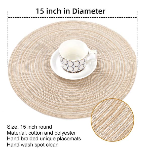 15 in. Cotton Polyester Braided Place Mats with Heat Resistant for Kitchen, Dining, Party, Natural Table, Beige (6-Pack)