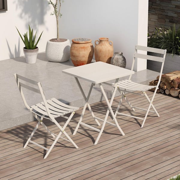 Tenleaf 3-Piece Metal Patio Outdoor Bistro Set Foldable Square Table and Chairs, White